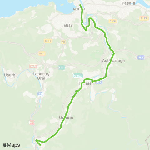 Lurraldebus Andoain↔Urnieta↔Hernani↔Astigarraga↔Donostia map