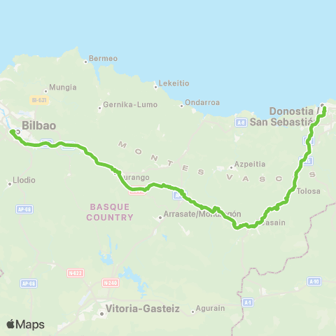 Lurraldebus Donostia↔Tolosa↔Zumarraga↔Bilbao map
