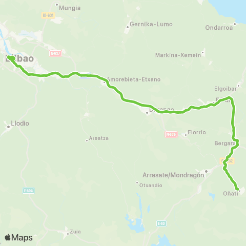 Lurraldebus Arrasate↔Oñati↔Bilbao map