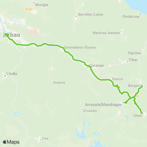 Lurraldebus Bergara↔Oñati↔Arrasate↔Durango↔Bilbao map