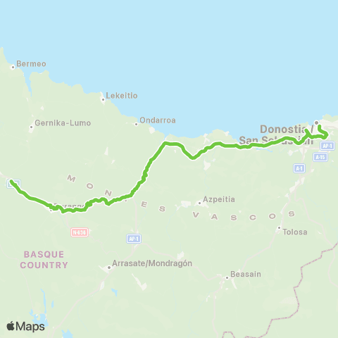 Lurraldebus Ermua↔Eibar↔Elgoibar↔Zarautz↔Donostia map