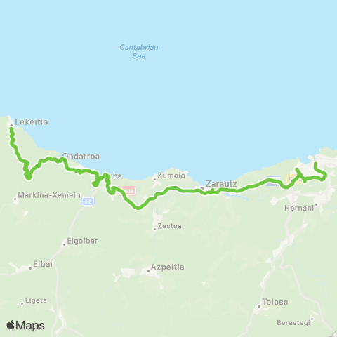 Lurraldebus Lekei↔Berriat↔Ondar↔Mutri↔Deba↔Zarau↔Donostia map