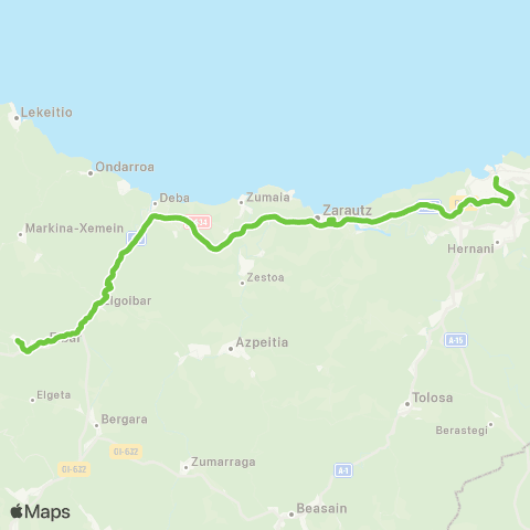 Lurraldebus Amorebieta↔Durango↔Ermua↔Eibar↔Elgoibar↔Zarautz↔Donostia map