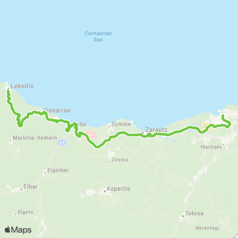 Lurraldebus Lekei↔Berriat↔Ondar↔Mutr↔Deba↔Zarau↔Donostia map