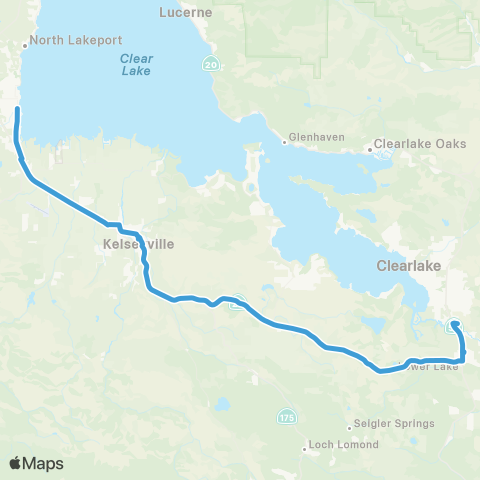 Lake Transit Authority Southshore, Clearlake to Lakeport map