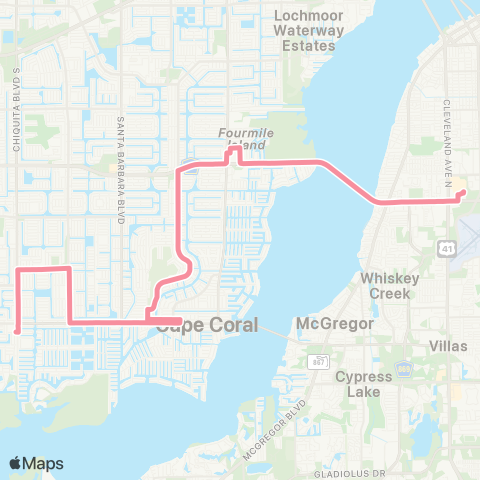 LeeTran Edison Mall to Cape Coral TC map