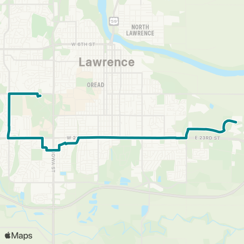 Lawrence Transit Central Station-East Hills via HINU map