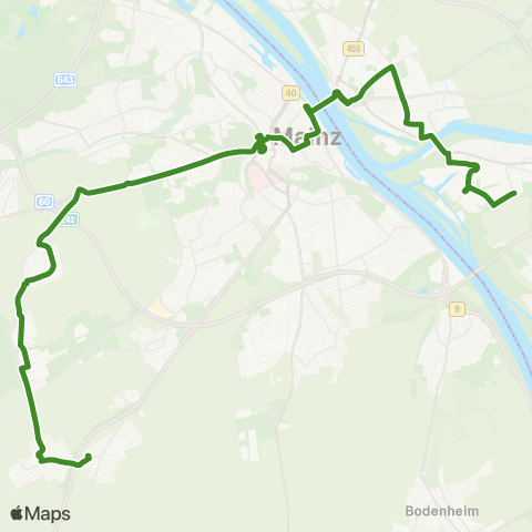 Mainzer Verkehrsgesellschaft Klein-Winternheim Bf ↔︎ Gustavsburg Bf map