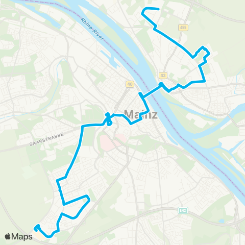 Mainzer Verkehrsgesellschaft Bretzenheim Südring  ↔︎ Mainz Hbf map