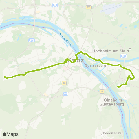 Mainzer Verkehrsgesellschaft Theodor-Heuss-str. (Finthen) ↔︎ Treburer str. (Bischofsheim) map