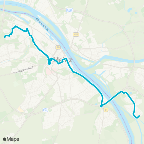 Mainzer Verkehrsgesellschaft Am Polygon  (Mombach) ↔︎ Neckarstr. (Ginsheim) map