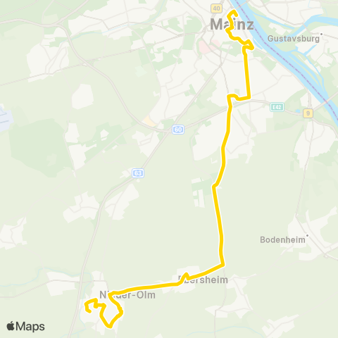 Mainzer Verkehrsgesellschaft Mühldreieck  (Hechtsheim) ↔︎ Hahnheimer str. (Zornheim) map