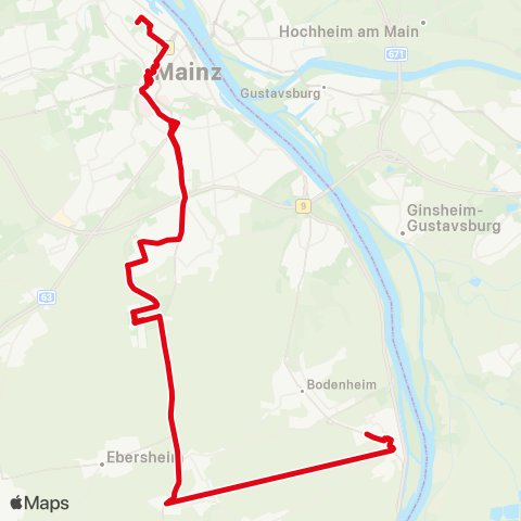 Mainzer Verkehrsgesellschaft Mühldreieck  (Hechtsheim) ↔︎ Lange Ruthe (Bodenheim) map