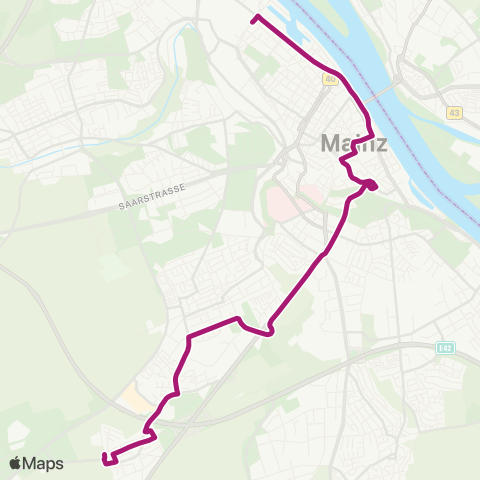 Mainzer Verkehrsgesellschaft str.nbahnamt  ↔︎ Marienborn Bf map