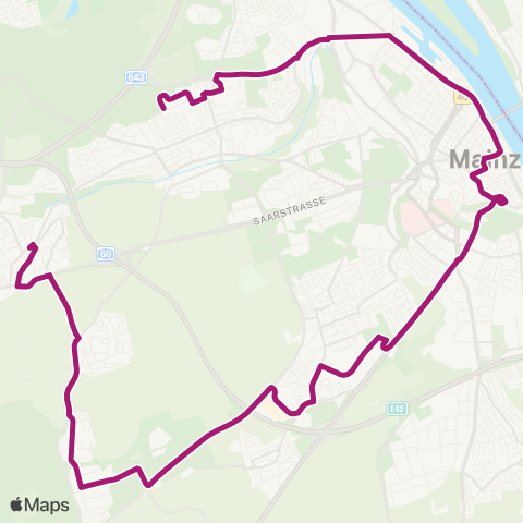 Mainzer Verkehrsgesellschaft str.nbahnamt  ↔︎ Poststr.  (Finthen) map