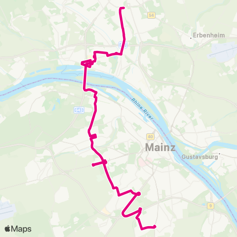 Mainzer Verkehrsgesellschaft Mühldreieck  (Hechtsheim) ↔︎ Wiesbaden Hbf map