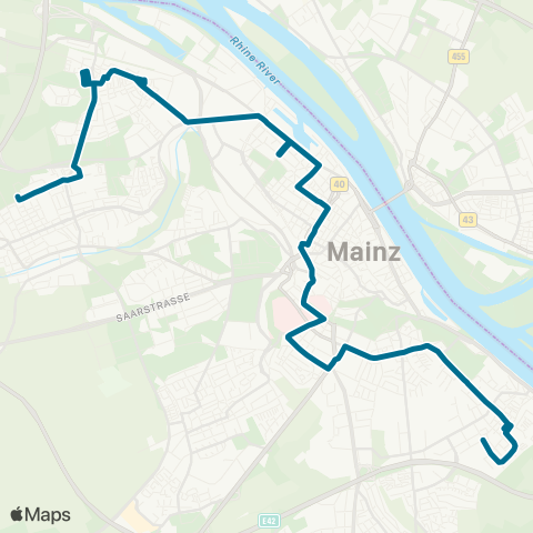 Mainzer Verkehrsgesellschaft Wildpark  (Gonsenheim) ↔︎ Friedrich-Ebert-Str  (Weisenau) map