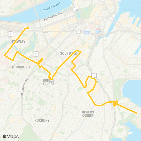 MBTA Harbor Pt / UMass - Kenmore via S Bay & BU Med map