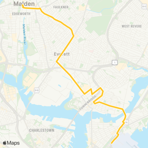 MBTA Malden Ctr Sta - Sullivan Sta via Ferry map