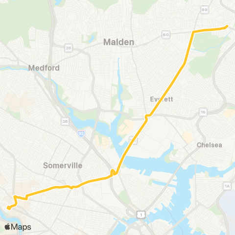 MBTA Linden Square - Sullivan Sta via Bway map