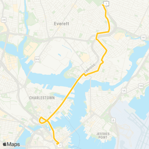 MBTA Woodlawn - Haymarket via Bellingham Sq map