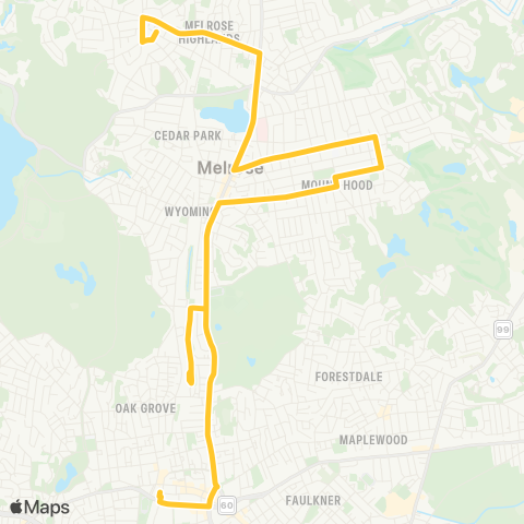 MBTA Melrose Highland - Oak Grove Sta via E Side map