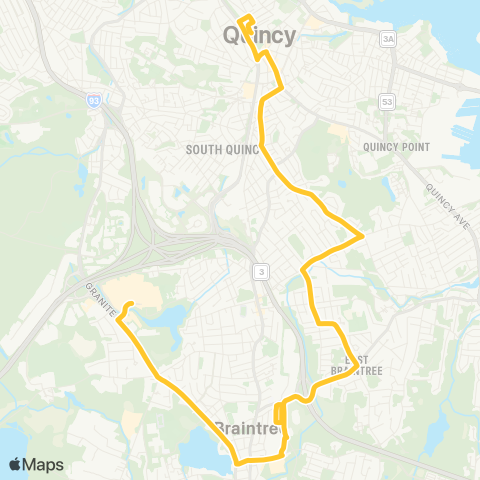 MBTA Quincy Ctr - S Shore Plaza via Braintree map