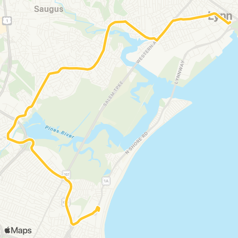 MBTA Central Sq, Lynn - Haymarket via Cliftondale Sq map