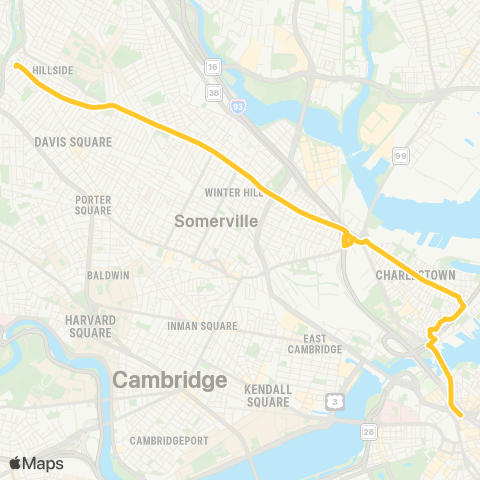 MBTA Clarendon Hill-Dtwn via Sullivan Sta & Bunker Hill map