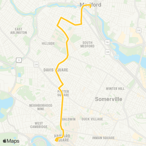 MBTA Medford Sq - Harvard Sq via Davis Sq & George map