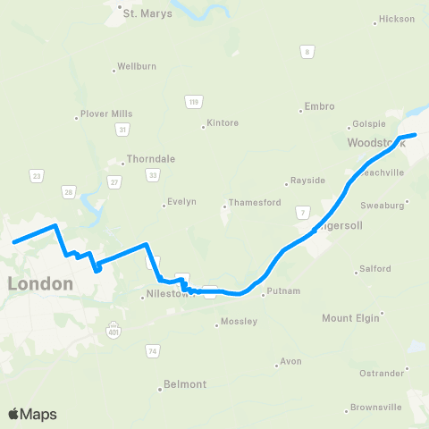 Middlesex County Connect Woodstock - Ingersoll - Putnam - Dorchester - London map