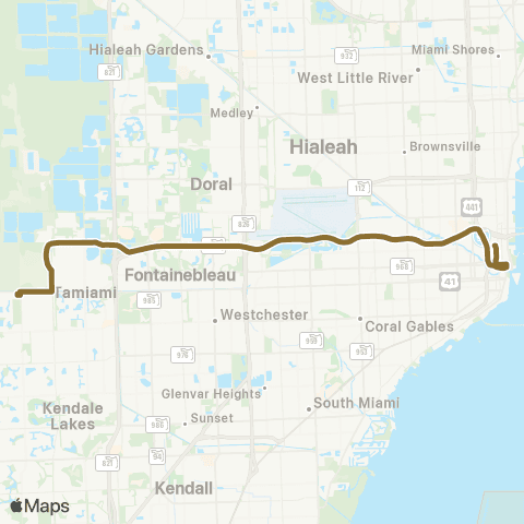 Miami-Dade Transit Tamiami Park-and-Ride to Downtown map