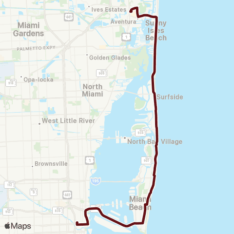 Miami-Dade Transit Downtown-Aventura Mall via Miabeach map