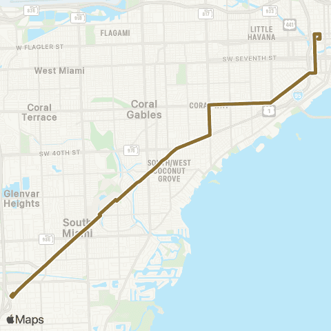 Miami-Dade Transit Dadeland South-Downtown via US 1 map