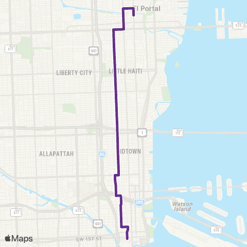 Miami-Dade Transit Downtown - NE 84 St via NW 2 Ave map