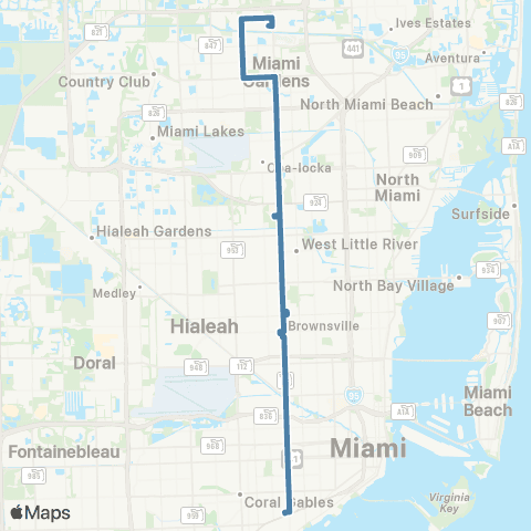 Miami-Dade Transit Coco Grove-MIA Gardens via NW 27 Av map