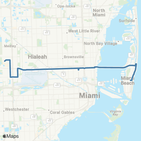 Miami-Dade Transit Doral-Airport-Miami Beach via 36 St map