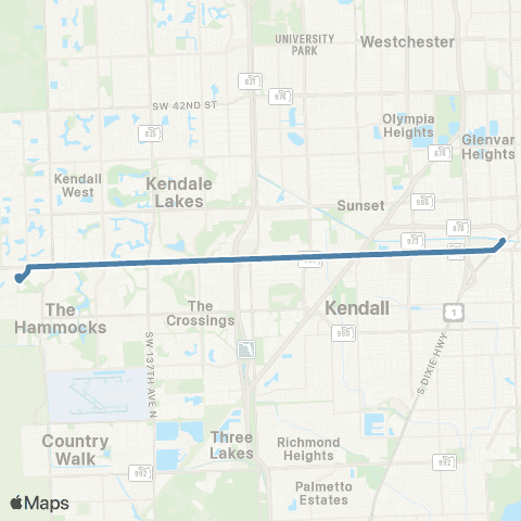 Miami-Dade Transit 162 Ave to Dadeland North via 88 St map
