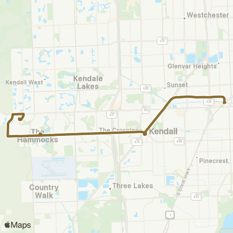 Miami-Dade Transit Hammocks-Dadeland North via 104 St map