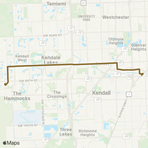 Miami-Dade Transit West Kendall-Dadeland No via 72 St map