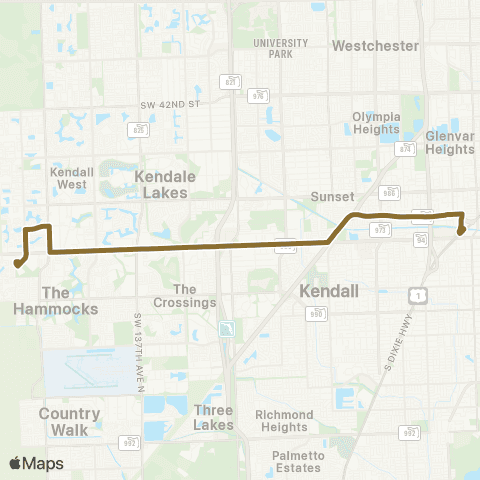 Miami-Dade Transit W. Kendall to Dadeland N via 88 St map