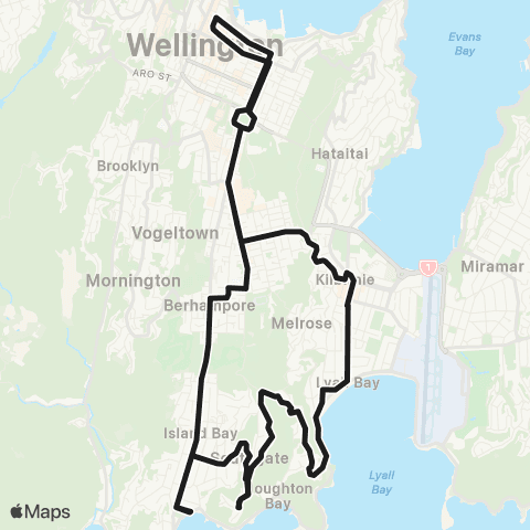 Metlink After Midnight (Wellington - Island Bay - Houghton Bay - Lyall Bay) map