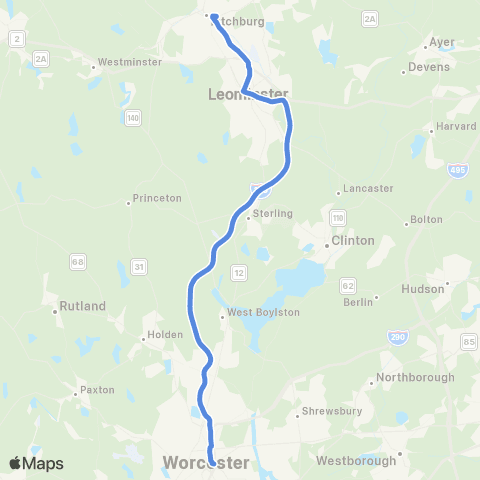 MART Fitchburg-Leominster-Worcester Commuter map