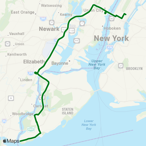 MTA Express Tottenville - Midtown Manhattan Express map
