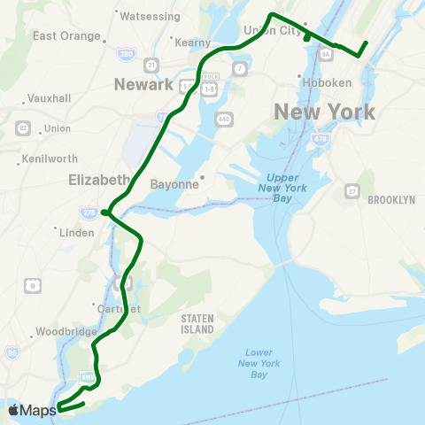 MTA Express Tottenville - Midtown Manhattan Express map