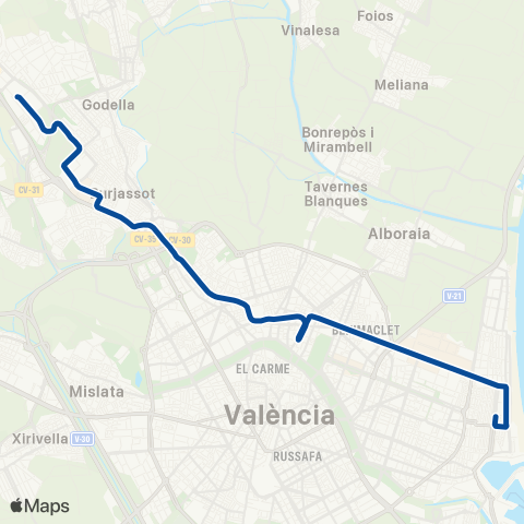 Metrovalencia Lloma Llarga / Mas del Rosari ↔ Dr. Lluch map