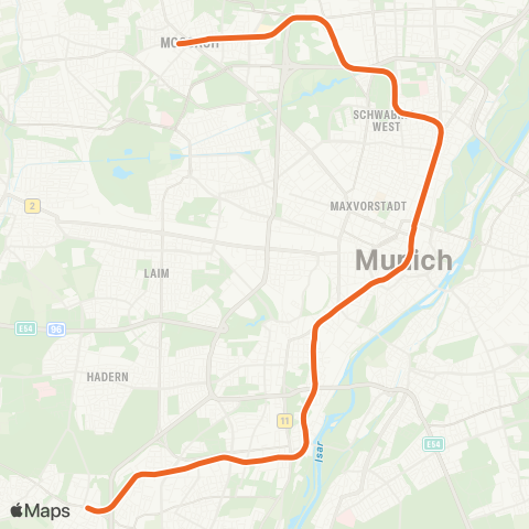 MVG Moosach - Scheidplatz - Münchner Freiheit - Odeonsplatz - Sendlinger Tor - Fürstenried West map