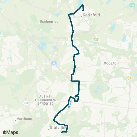 MVG Karlsfeld, Gartenstr. - Allach Bf. - Blutenburg - Pasing Bf. Nord - Pasing Bf. - Lochham Bf. - Waldfriedhof map