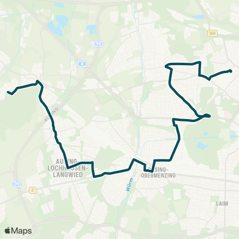 MVG Eichelhäherstraße - Lochhausen Bf. - Pasing Bf. - Obermenzing Bf. - Amalienburgstraße - Untermenzing Bf. - Krautheimstr. - Waldhornstraße - Moosach Bf. map