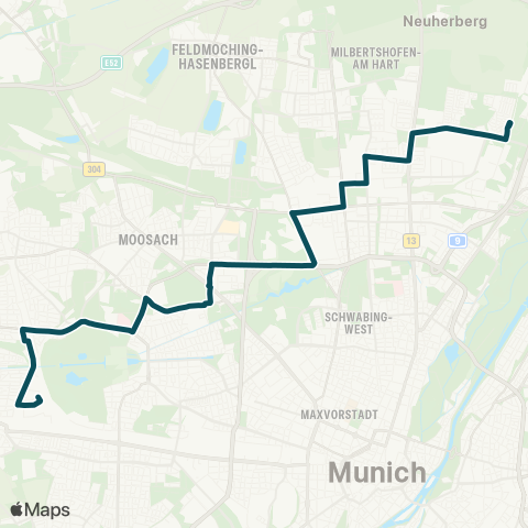 MVG Kieferngarten - Am Hart Süd - Olympiazentrum - Westfriedhof - Obermenzing Bf. - Berduxstr. map